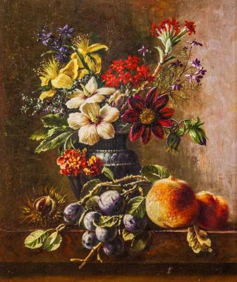A copy of the painting by Georg Jacob Johann van Os' Flowers in a vase with chestnuts, plums and peaches on the ledge. Kamskij Savelij