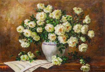Still life with white rose hips and notes (White Rose Oil). Kamskij Savelij