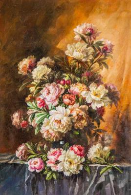 A copy of Paul de Longpre's painting. Bouquet of pink and white peonies