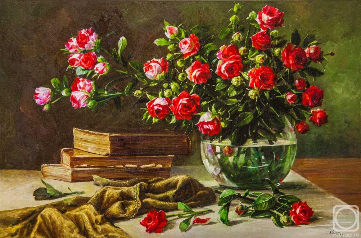 Kamskij Savelij. Still life with garden roses and books
