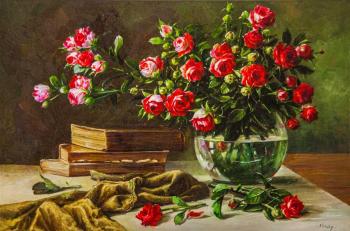 Still life with garden roses and books