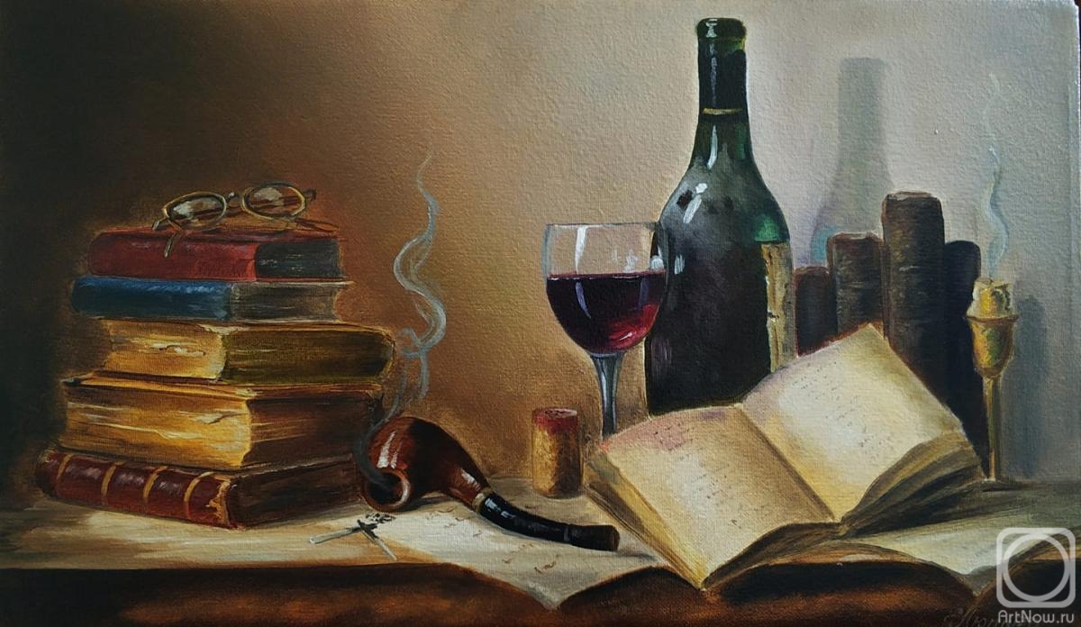 Lutcher Elena. Still life with wine and books