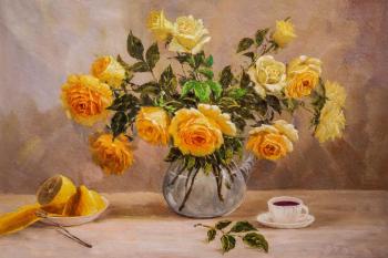 Morning still life with yellow roses