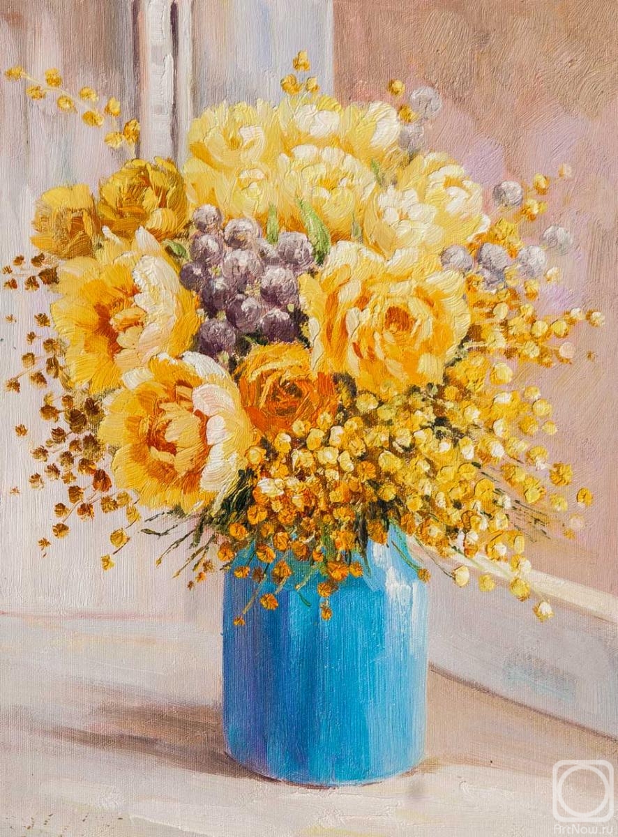 Vlodarchik Andjei. Sunny bouquet with mimosa in a blue vase