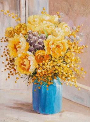 Sunny bouquet with mimosa in a blue vase. Vlodarchik Andjei