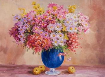 Autumn still life with asters and apples