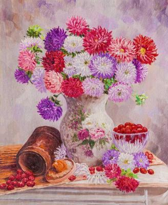 Garden still life with asters and raspberries