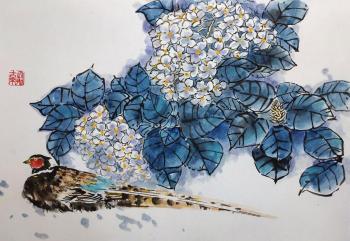 Pheasant and blue hydrangeas. Mishukov Nikolay
