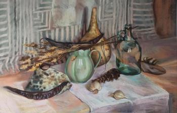 Still life with bottles and stones