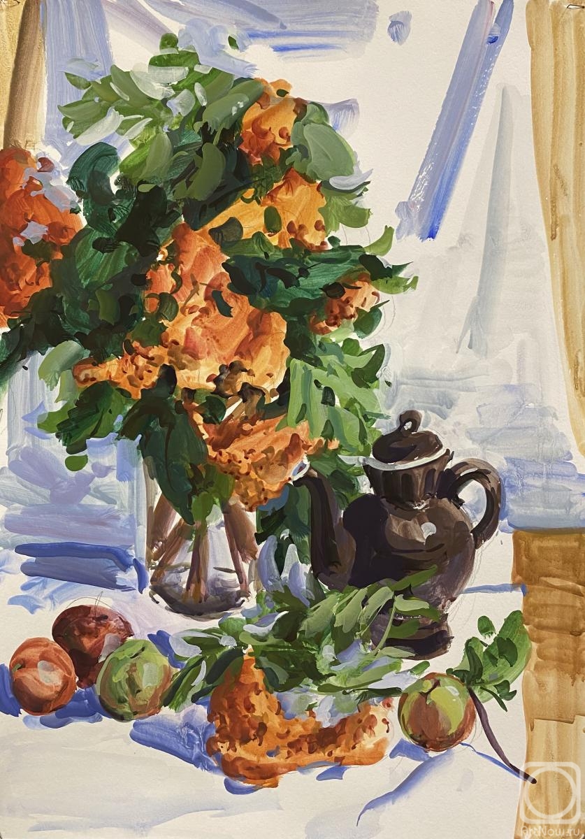 Orlova Nina. Rowan apples the cloth still life expressionism jug flowers vase