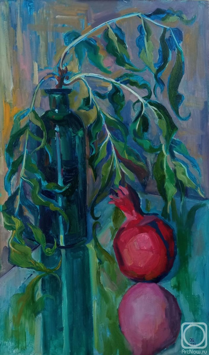 Konyaeva Olga. Still life with pomegranate and emerald bottle