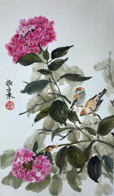 Hydrangeas and sparrows (Oriental Color Ink). Mishukov Nikolay