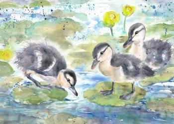 Ducklings in water lilies. Masterkova Alyona