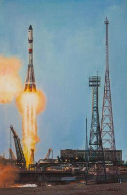 Soyuz rocket launch from the Baikonur cosmodrome. Kamskij Savelij