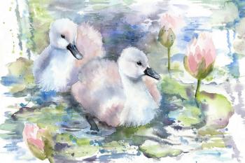 Little swans and water lilies (Water Bird). Masterkova Alyona