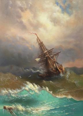 A copy of Ivan Aivazovsky's painting. A ship among the stormy sea. Kamskij Savelij