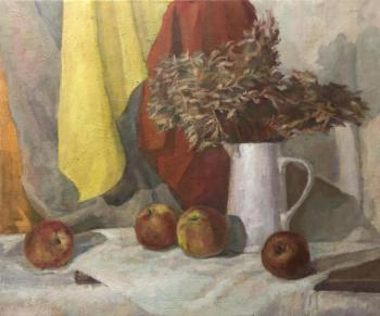 Still life with a red apple and a white jug