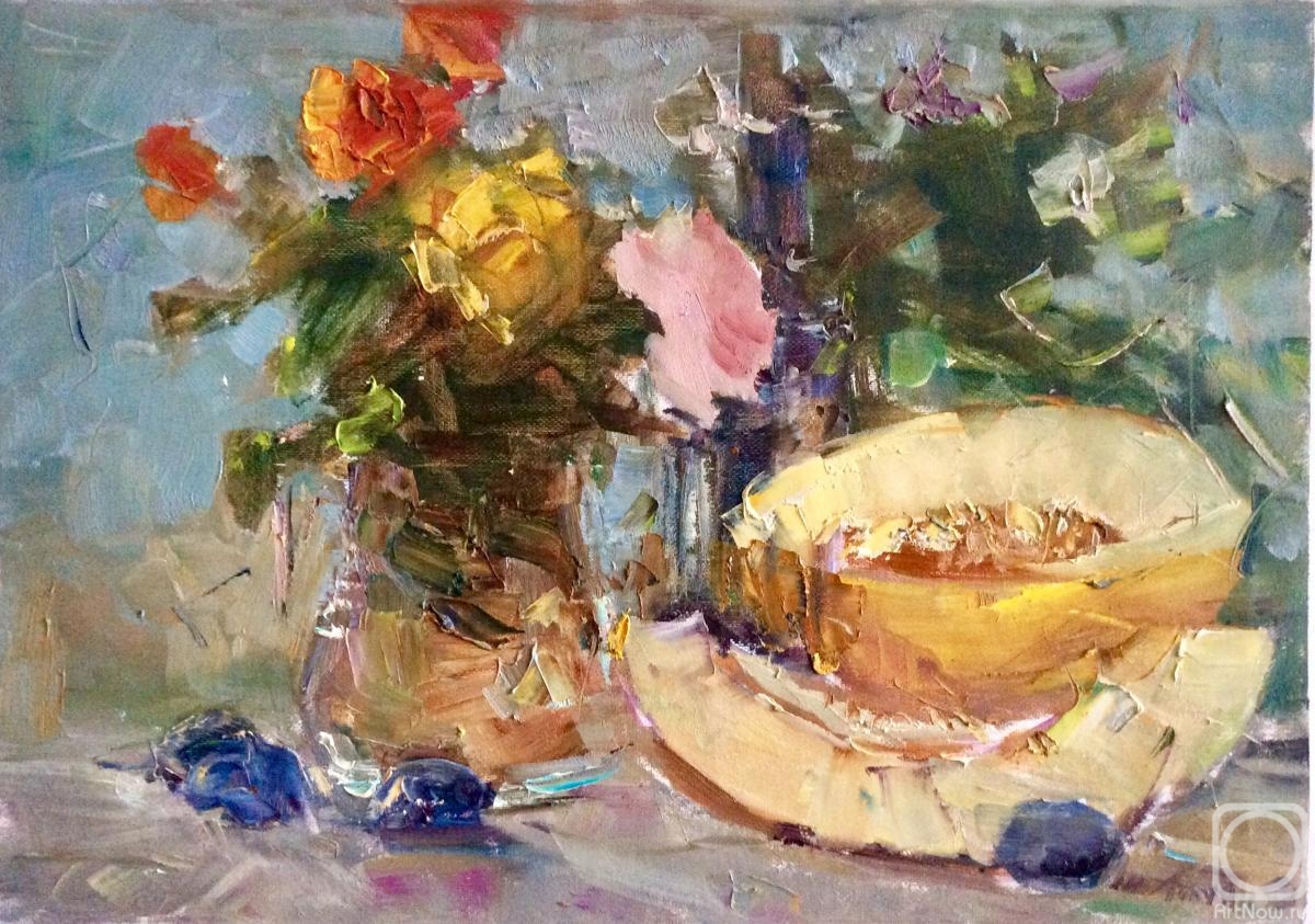 Poluyan Yelena. This is a still life with melon and roses