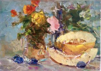 This is a still life with melon and roses.