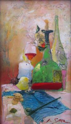 Still life with lemon and green pipe. Panchenko Viktor