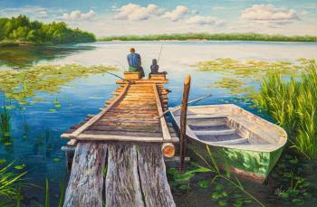 Father and son on a fishing trip (Painting With A Boat). Romm Alexandr