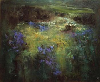 Night landscape with blooming heather