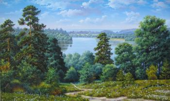 Pine trees by a wide river. Lunyov Sergey