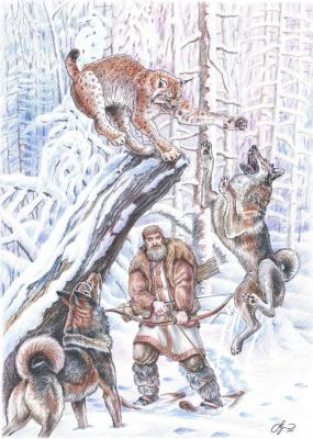 Lynx hunting in ancient Russia (Huskies). Shkurko Anton
