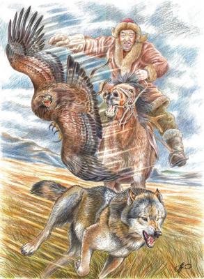 The old hunter. Hunting with a golden eagle for a wolf