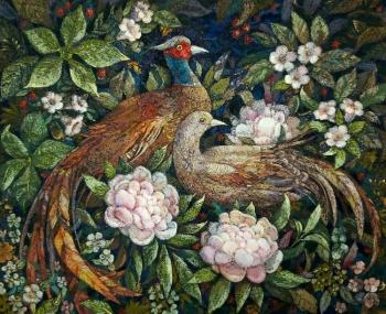 Pheasants (Art Burning On Fabric). Vasileva Ludmila