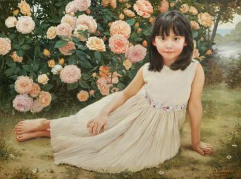 Girl on the background of roses