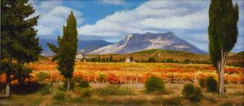 Autumn vineyards near Alushta. View of Mount Demerdzhi