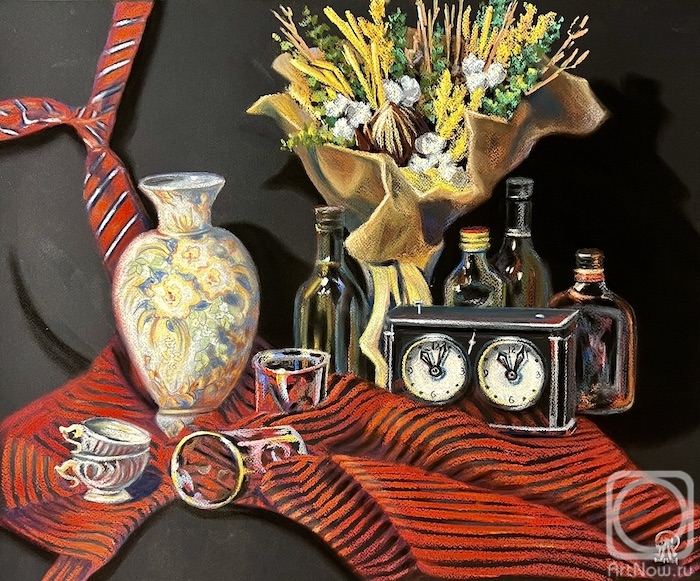 Lukaneva Larissa. Still life with a dry bouquet and a chess clock