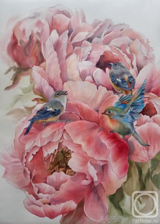 Matyunina Olga. Pink peonies with birds