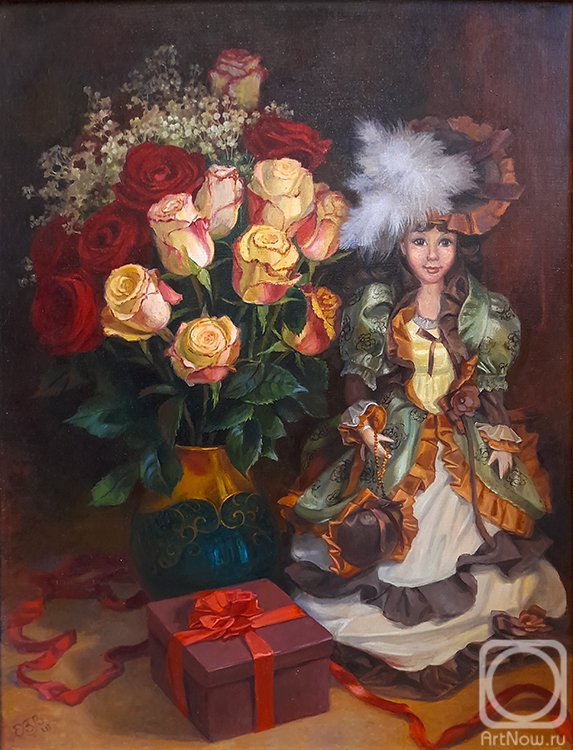 Shumakova Elena. A bouquet of roses and a doll