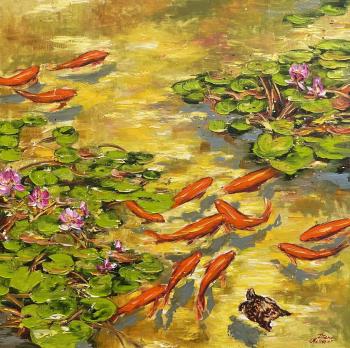 Koi Fish Pond and a Little Turtle (). Malivani Diana