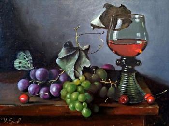 Still life with a glass and a butterfly. Orlov Ilya