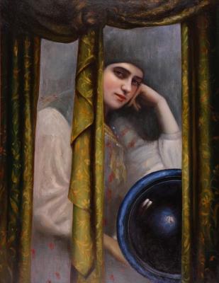 The illusive woman through green curtains. Safronov Nikas