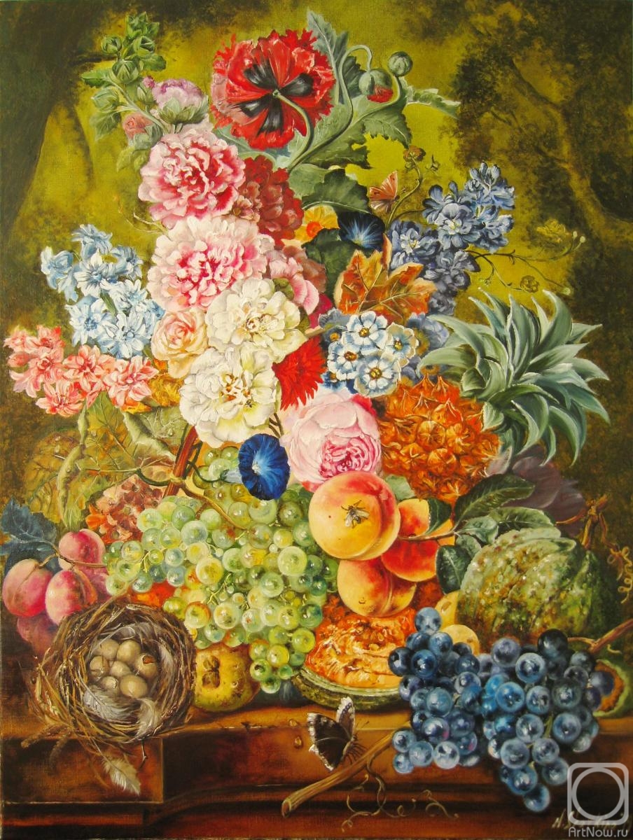 Shaykina Natalia. Traditional painting oil on canvas, Large fruit and flowers painting, Dutch still life wall painting, Extra large floral painting wall art