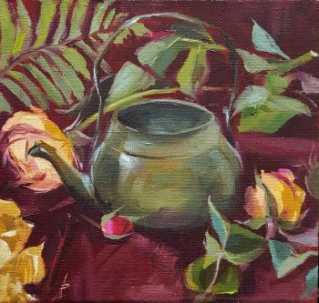 Brass teapot and roses