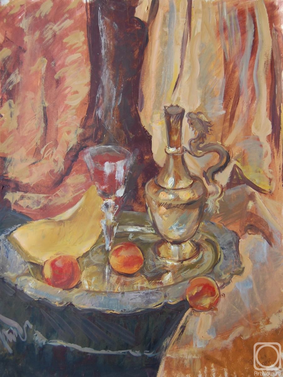 Dobrovolskaya Gayane. Still life with peaches, a piece of melon and a glass of wine