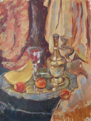Still life with peaches, a piece of melon and a glass of wine (). Dobrovolskaya Gayane
