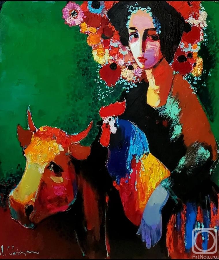 Chatinyan Mger. Girl with a Cow and a Rooster