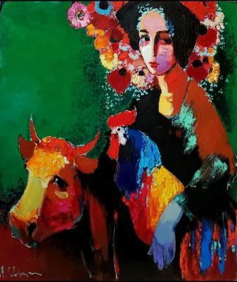Girl with a Cow and a Rooster