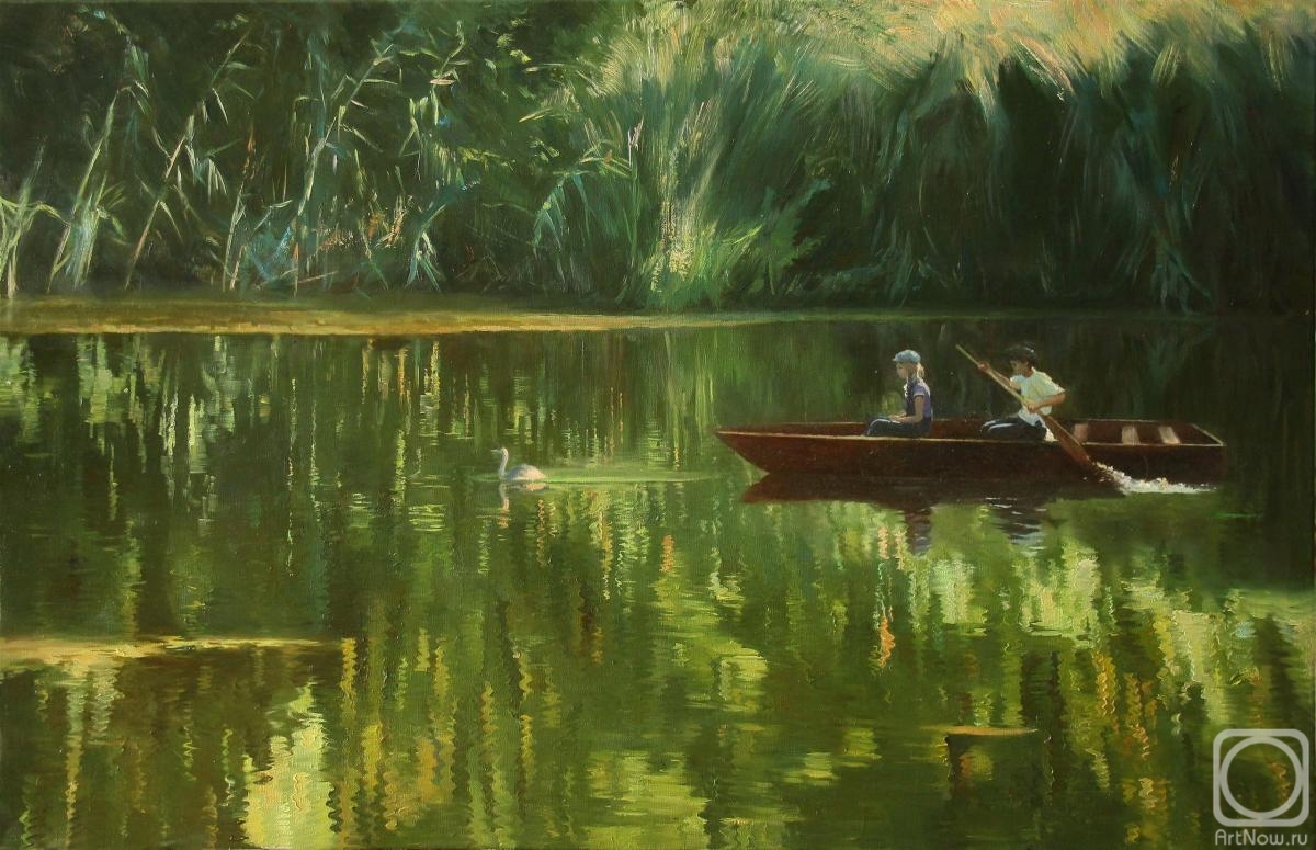 Kovalev Yurii. Landscape,river,nature,painting,boat,summer.The Mystery of the Grey Heron