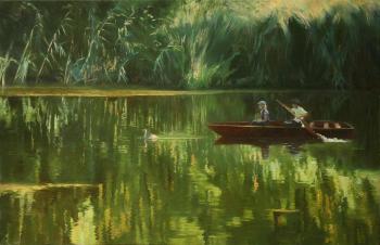 Landscape,river,nature,painting,boat,summer.The Mystery of the Grey Heron. Kovalev Yurii