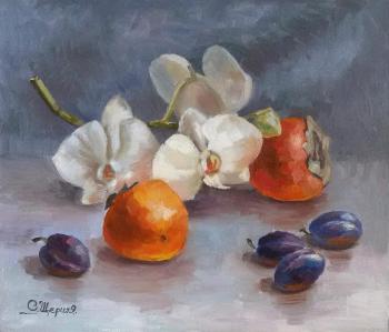 Oil painting of persimmon and orchids (Plum Wall Art). Scherilya Svetlana
