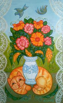 Bouquet and cat (  ). Razumova Lidia