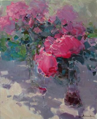Still life with peonies and wine. Makarov Vitaly