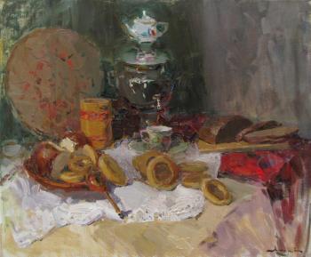 Still life with a samovar and bagels (Artwork From Life). Makarov Vitaly